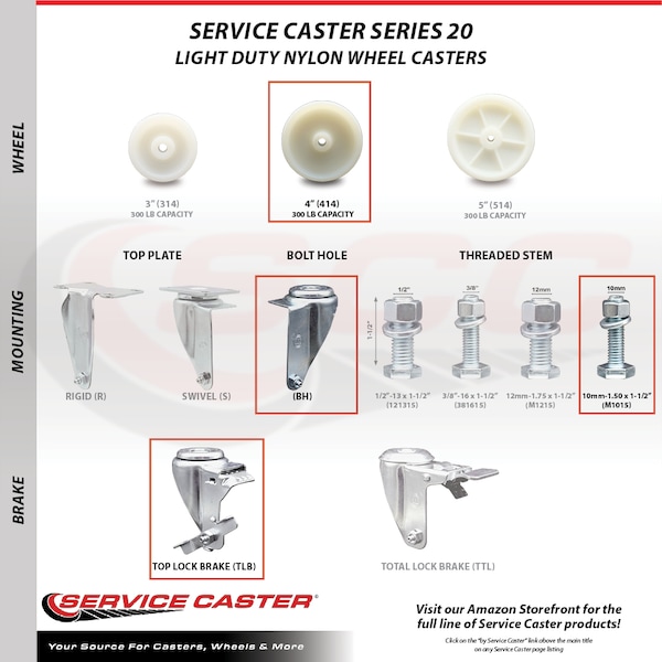 Service Caster 4 Inch SS Nylon Wheel Swivel 10mm Threaded Stem Caster Brakes SCC, 2PK SCC-SSTS20S414-NYS-M1015-2-TLB-2 - main